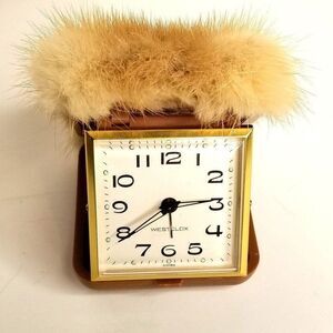 Vintage 50s MCM Westclox Mink Travel Alarm Clock Beige Brown Case Wind Up 3.75"